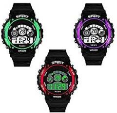 SWADESI STUFF Digital Sport Watch for Boys & Girls Pack of 3 Multi Dial Black Colored Strap