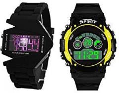 SWADESI STUFF Digital Unisex Child Watch Multicolored Dial, Black Colored Strap Pack of 2