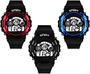 SWADESI STUFF Digital Unisex Child Watch Multicolored Dial, Black Colored Strap Pack of 3