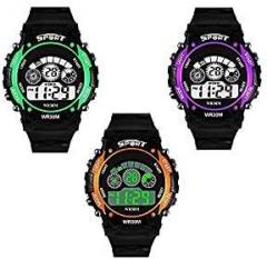 SWADESI STUFF Multi Function Digital Sport Watch for Boys & Girls Multi Dial Black Colored Strap Pack of 3