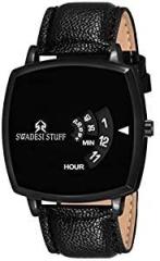 SWADESI STUFF Unique Style Time Analogue Men and Women Watch Black Dial & Black Colored Leather Strap