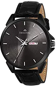 SWISSTONE SW480 BLK Black Leather Strap Wrist Watch for Men