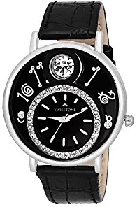 Swisstone VOGLR321 Black Dial Black Leather Strap Analog Wrist Watch for Women