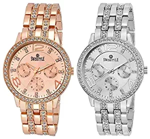 Analogue Women's Watch Silver & Gold Dial Silver & Rose Gold Colored Strap Pack of 2