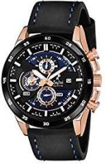 Sylvi Timeless Eye catching Branded Black Dial Leather Strap Analog Watch for Men, Chronograph Water Resistant Wrist Watch with Rose Gold Case & Date Display