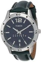 TIMEX Men Leather Analog Blue Dial Watch Tw000U931, Band Color Black