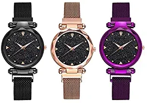 TIMSOON Casual Designer Black Dial Combo of Magnet Watch Pair of 3 for Girls & Women Black Purple Copper