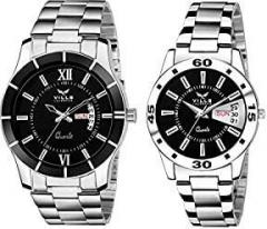 VILLS LAURRENS Analogue Unisex Watch Black Dial Silver Colored Strap Pack of 2