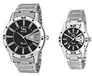 Watch Me Day and Date Couple Pair Analogue Black Dial Unisex Watch Combo Set for 2