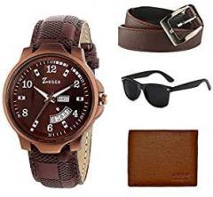 Zesta Analogue Brown Dial Leather Strap Watch with Wallet, Belt and Sunglass Set for Men & Boys