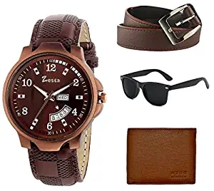 Analogue Brown Dial Leather Strap Watch with Wallet, Belt and Sunglass Set for Men & Boys